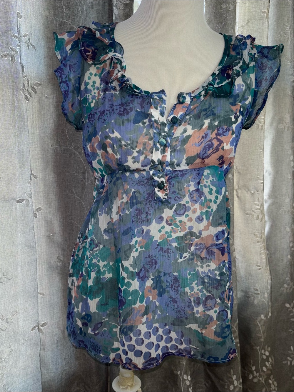 Floral Sheer Ruffle Blouse in Teal, Lavender & Blush